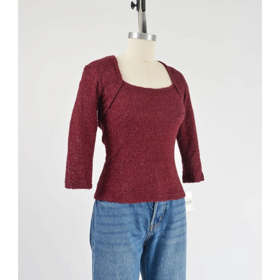 Top difuso de felpa vintage Y2K tejido brillante de una pieza elástico encogido de hombros talla XS S Foto 4 de 4