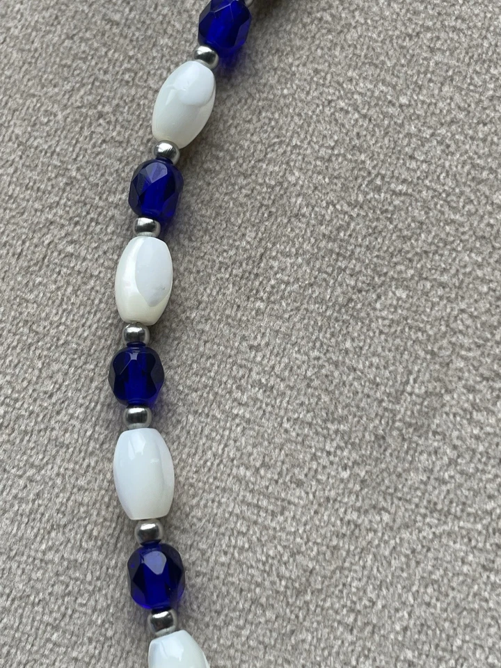 "Collar gargantilla de vidrio azul cobalto MADRE DE PERLAS CUENTAS DE ARROZ 17"" acero inoxidable" Foto 3 de 4