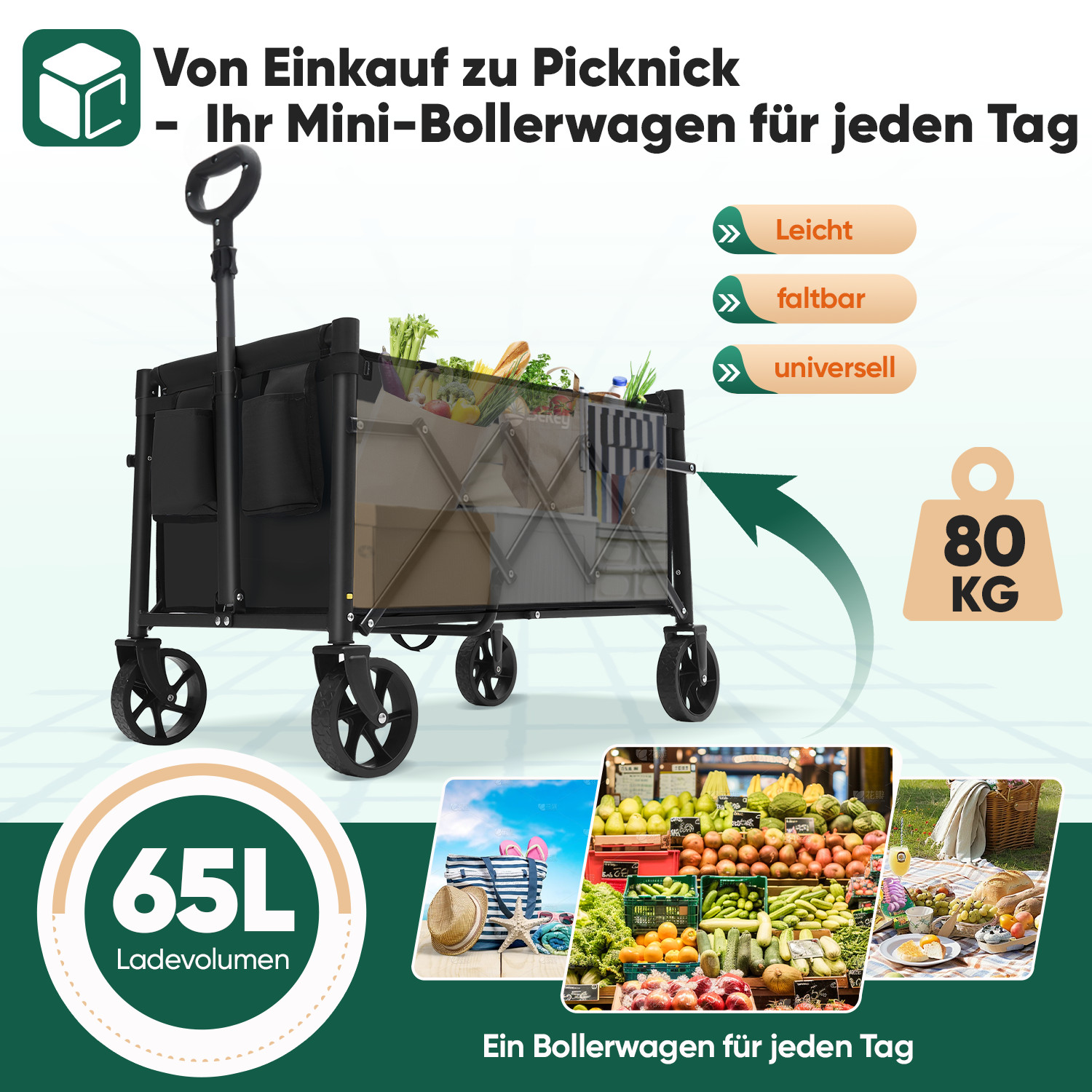 80KG Faltbarer Bollerwagen Klappbar Handwagen Strandwagen Klein Einkaufswagen 4