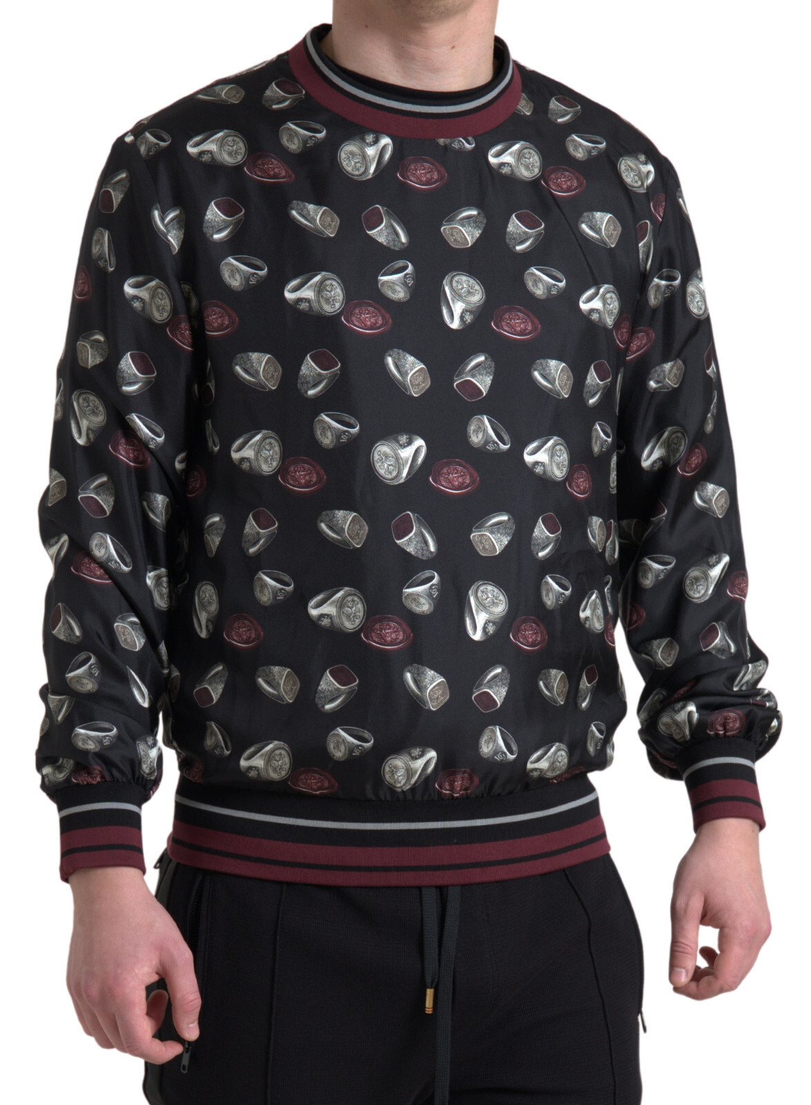 DOLCE & GABBANA Sweater Black Ring Print Silk Crewneck IT54 /US44 /XXL RRP $1500 image 2