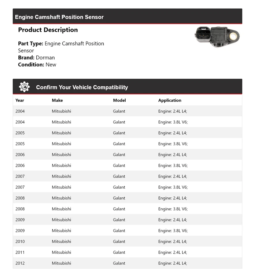 Sensor de posición del árbol de levas del motor Mitsubishi Galant Dorman 2004-2012 2005 2006 Foto 2 de 4