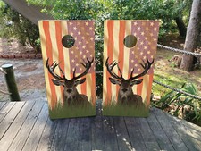 WATERPROOF  FADEPROOF Cornhole Board Wraps / Giant Buck USA Flag / Grass