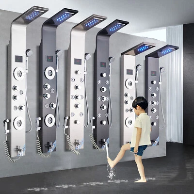 Stainless Steel Shower Panel Tower System Rain&Waterfall Massage Jet Sprayer Tap