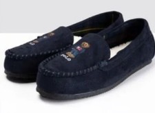 Polo Ralph Lauren Dezi V Bear Moccasin Slippers Navy Blue Suede Womens 10 NEW 