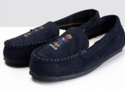 Polo Ralph Lauren Dezi V Bear Moccasin Slippers Navy Blue Suede Womens 10 NEW!