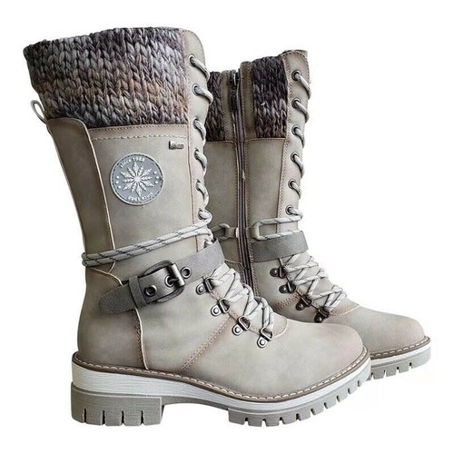 Women Mid Calf Biker Boot Lace up Casual Round Toe Winter Boots Warm Flat Shoes - Picture 4 of 25