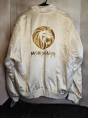 Vintage MGM Satin Jacket White W/ Gold Embroidered Logo Zip Vintage MGM Satin Jacket White W/ Gold Embroidered Logo Zip