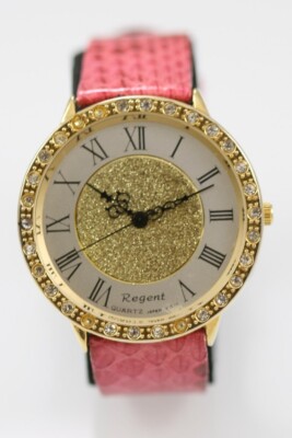 Regent Watch Women Large Gold Stainless Steel Batt WR Pink Leather White Quartz