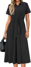 Women's Long Tie Waist Shirt Dress - Business Casual Office Attire Work Outfit