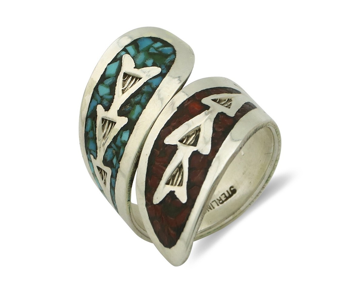 Fantastic Vintage Native American Navajo Turquoise Coral Chip Inlay Sterling Silver Wrap Ring Fantastic Vintage Native American Navajo Turquoise Coral Chip Inlay Sterling Silver Wrap Ring