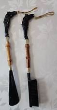 Vintage Black Horse Head Shoehorn  Shoe Brush Genuine Bamboo Gold Accents