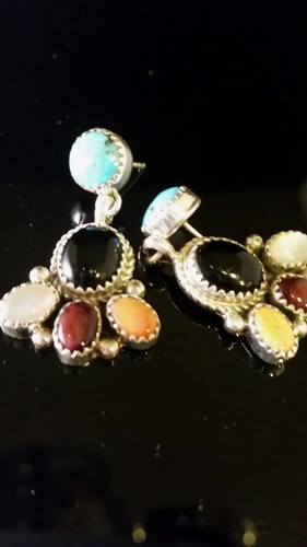 Navajo Signed Dangle Drop Sterling Silver Multi Stone Earrings Sally Yazzie - Picture 11 of 12
