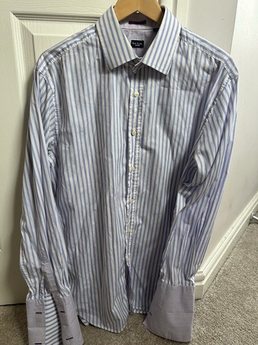 Paul Smith Mens Striped Shirt Size 17” XL Blue/White Long Sleeve Double Cuff