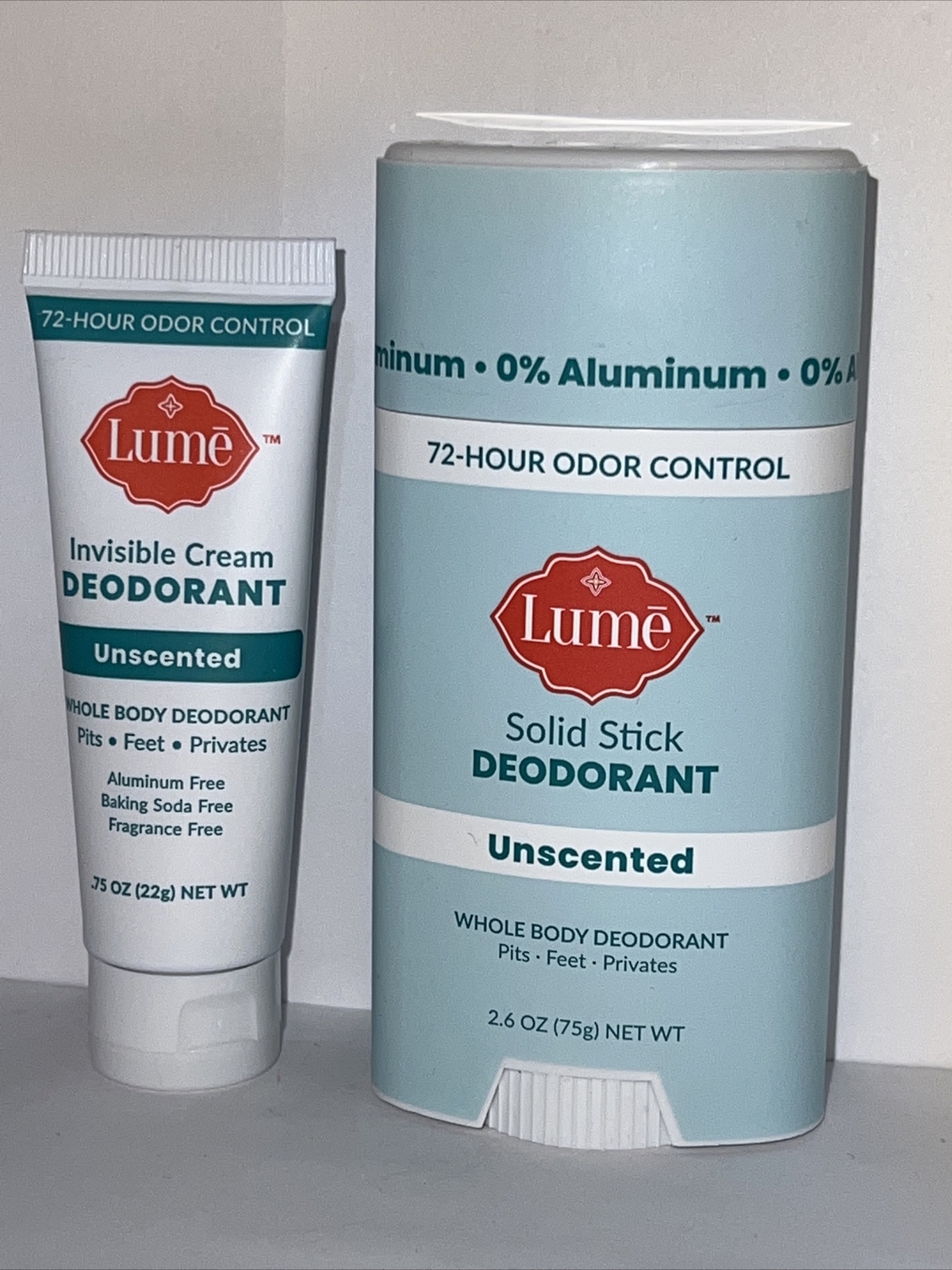 Lume Unscented Bundle Full Size Solid Deodorant & Mini Cream Deodorant