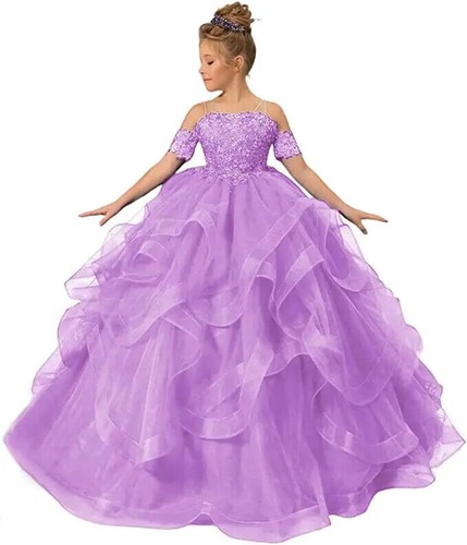 Tulle Flower Girl Dress Puffy Short Sleeve Layered Appliques Birthday Party Gown - Picture 1 of 23