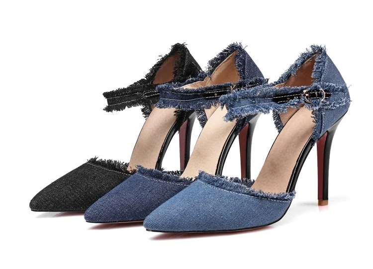 Ladies Denim Pointed Toe Shoes High Heels Pumps Ankle Strap Sandals AU Size S019