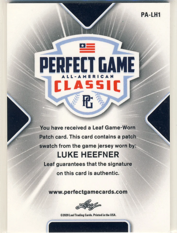 LUKE HEEFNER 2020 Leaf Perfect Game PG AAC PATCH AUTO /16 DBU - Image 2 of 2