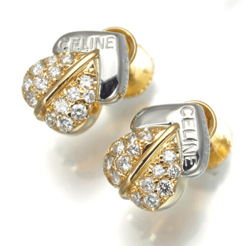 Auth CELINE Earrings Diamond 0.16ct/0.16ct Heart 18K YG/900 Platinum - Picture 2 of 5