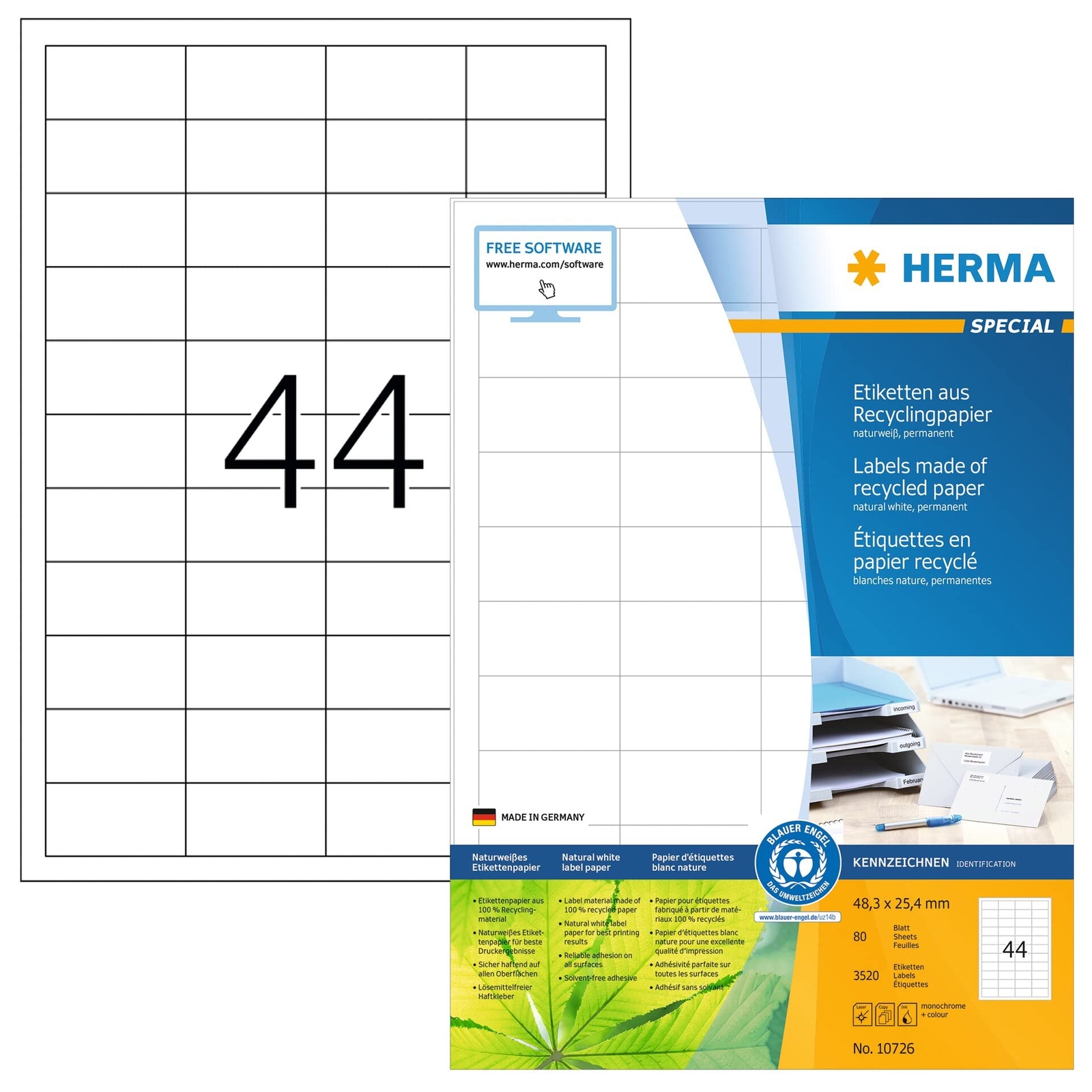 HERMA 10726 Recycled Labels DIN A4 Small (48.3 x 25.4 mm, 80 Sheets, Recycled Pa