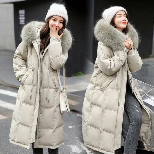 Womens Korean Fur Collar Hooded Long Puffer Coats Duck Down Jackets Casual  Parka