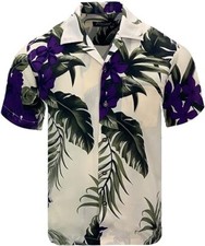 Tropical Luau Beach Floral Print Men  s Hawaiian Aloha Shirt- Large, Cream/Purple