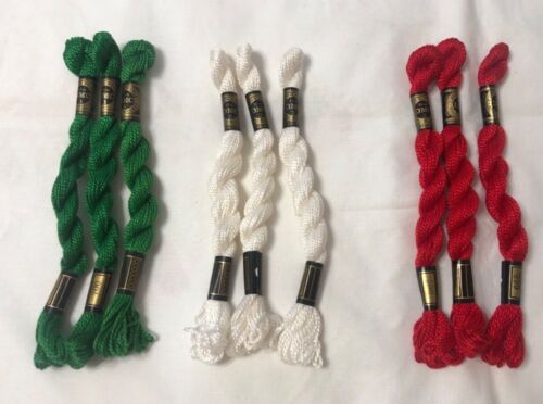 DMC Size 3 Cotton Pearl Lot 3 Skeins Embroidery Thread White Red Green FREE SHIP - Picture 2 of 11