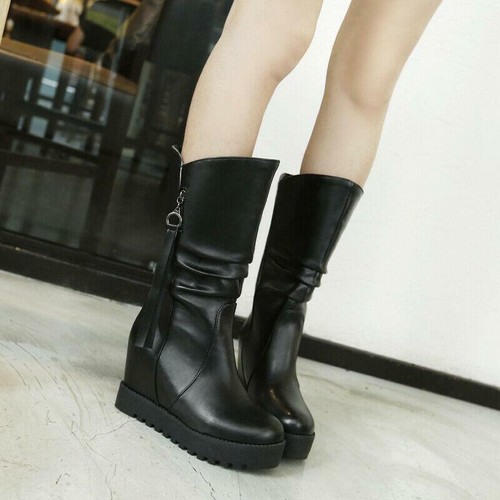 Stivali donna punk 2025 tacco zeppa nascosto metà polpaccio plateau punta tonda scarpe casual - Foto 3 di 28