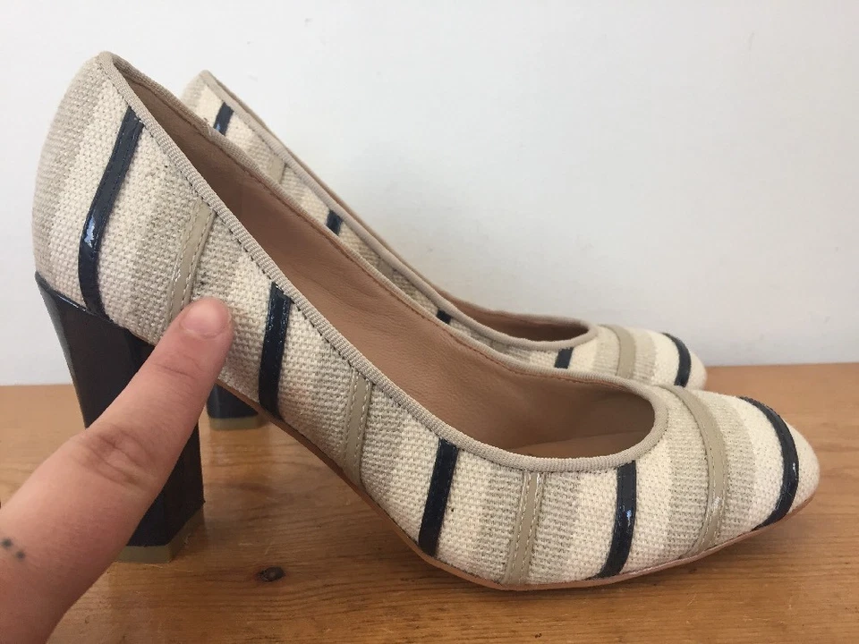 Zapatos de salón Talbots beige negro a rayas de lino punta redonda tacón alto para mujer 5,5 M 35,5 Foto 4 de 4