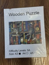Wooden Cats in Library Jigsaw Puzzle   Animal Shaped Pieces   Book Lover Art