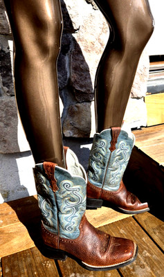 ARIAT Leather 12.5'' Cowboy Boots; Brown/Teal 1.5'' Heels; Sz 8B;Cushioned Insoles