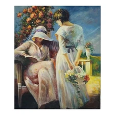 Square Hand Painted Oil on Canvas 50x60 CM Made in Italy Two Women