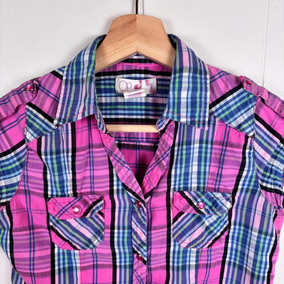 Y2K OP океана Pacific девочек розовый клетку жемчуг Snap рубашка без рукавов 10/12 хлопок - Изображение 2 из 4