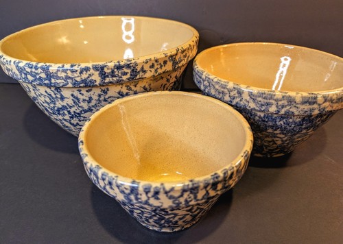 3er Set Robinson Ransbottom Roseville blau Schwammgeschirr 6" 8" 10" Nesting Schüsseln