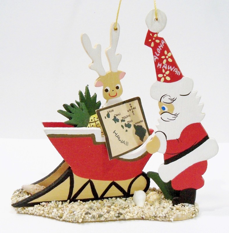 Emgee Hawaii Lost in Paradise Santa Sleigh Reindeer Wooden Wood Vintage Ornament