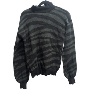 Aqua 100% Cashmere Gray/Black Striped Mock Neck Pullover Sweater S Ribbed