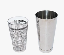 VTG Irvinware Cocktail Shaker Set Drink Recipe Glass Stainless Barware MCM 2 PC