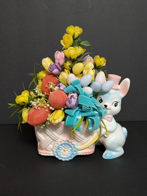 Easter Bunny with Basket Figurine Planter Vintage Ceramic Japan 