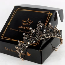 Gothic Crown Headpiece - Black Baroque Tiara with Vintage Rhinestones for Wom...