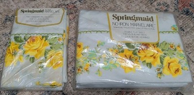 VINTAGE SPRINGMAID MARVELAIRE YELLOW ROSES BORDER FULL SHEET FLAT & PILLOW CASES