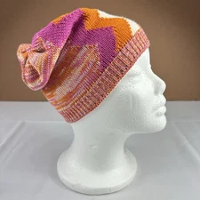 MISSONI Italy Wool Blend Chevron Zig Zag Knit Slouch Beanie Hat Pink Orange Y2K