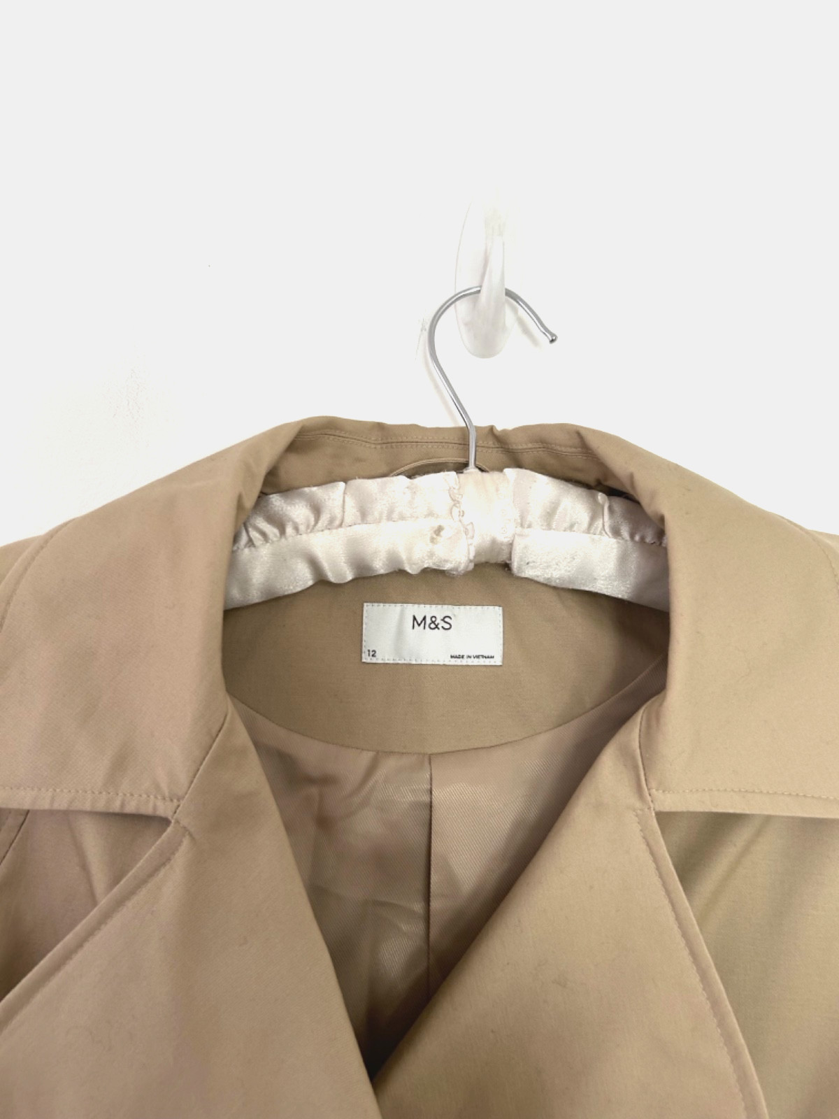M & S Short Mac Women's Beige Lined Jacket Trench Coat Epaulets Size 12