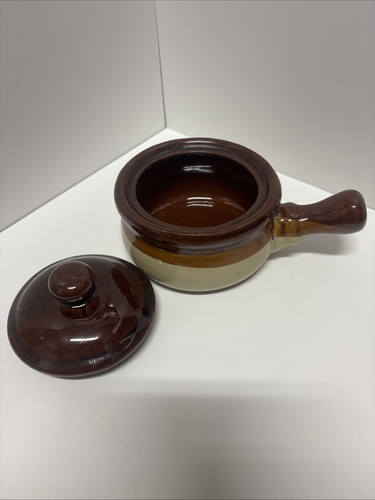 2 Piece Pottery Stoneware Crock Bowl With Lid, Handle, Glazed Brown 4" Long - Picture 2 of 3