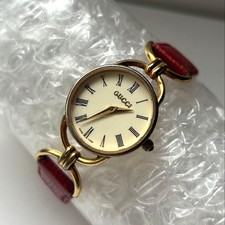 GUCCI 6000.2.L Vintage Ladies Watch Gold Roman Bezel Leather Strap Working used