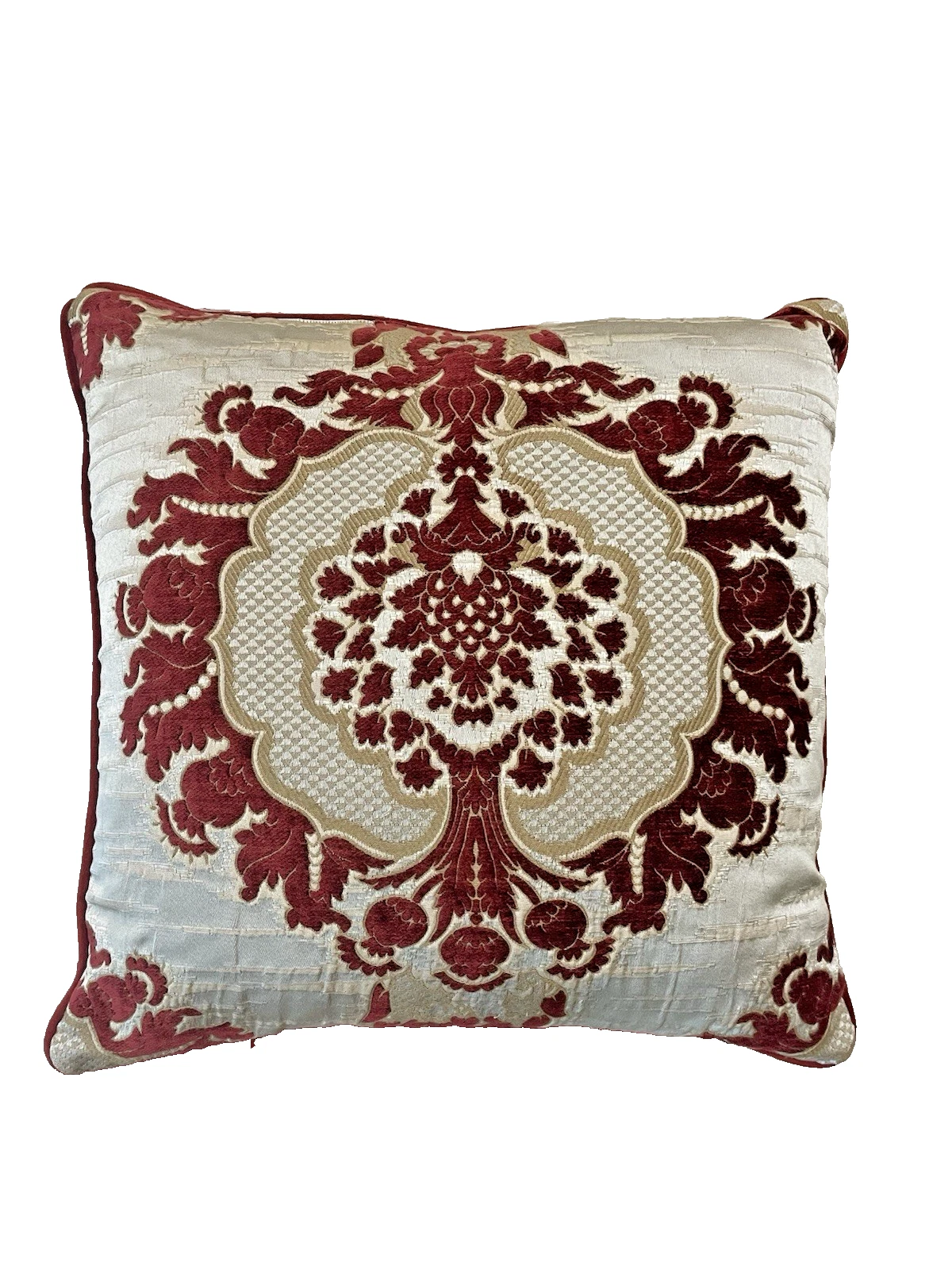 Luxury Baroque Venetian Style Damask Cut Velvet Throw Pillow 21" Burgundy Beige