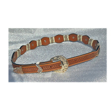 Womens Western Hand Tooled Brown Leather Belt Silver Tone Buckle Conchos 34