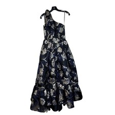 Mac Duggal NWT One Shoulder Bow Detail Hi-Low Brocade Gown in Midnight Size 2