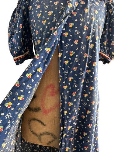 Antique Floral Indigo Print Duster Dress Jacket Dressing Gown House Coat Vtg - Picture 4 of 18
