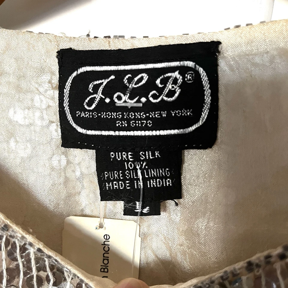 Vintage NWT JLB 80s 90s Silver Sequin Silk Beaded Disco Flapper Blouse Top - L - Image 4 of 4