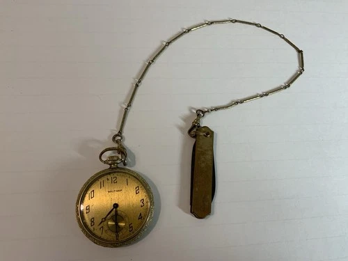 Antique Waltham Watch Company Pocket Watch w Chain & Knife | Gold-Tone Untested
