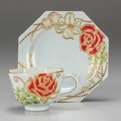 Kutani yaki ware Japanese porcelain Cup and Saucer Deco Mori Rose Shiho Aizawa